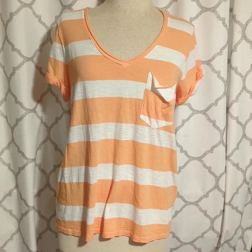 T. La Anthropologie Tangerine Orange White Striped Women’s Cotton Pocket Tee M